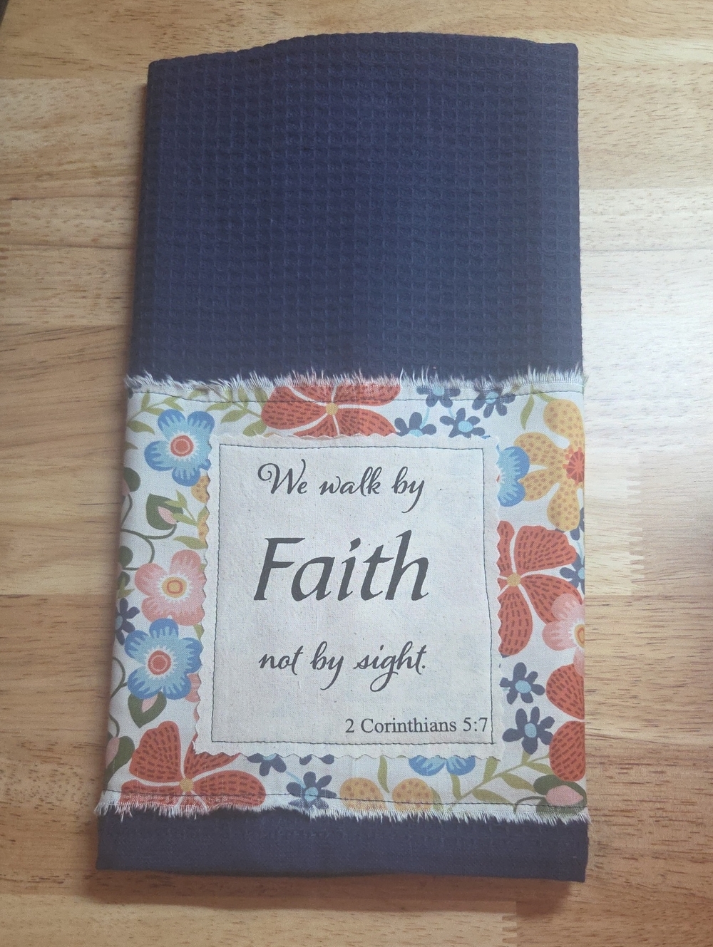 Faith Waffle Weave Kitchen Towel with Floral Navy